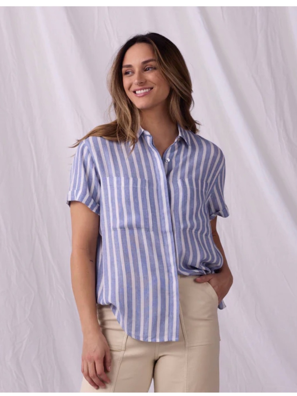 The Normal Brand Freshwater linen blend button striped short sleeved top Xsmall